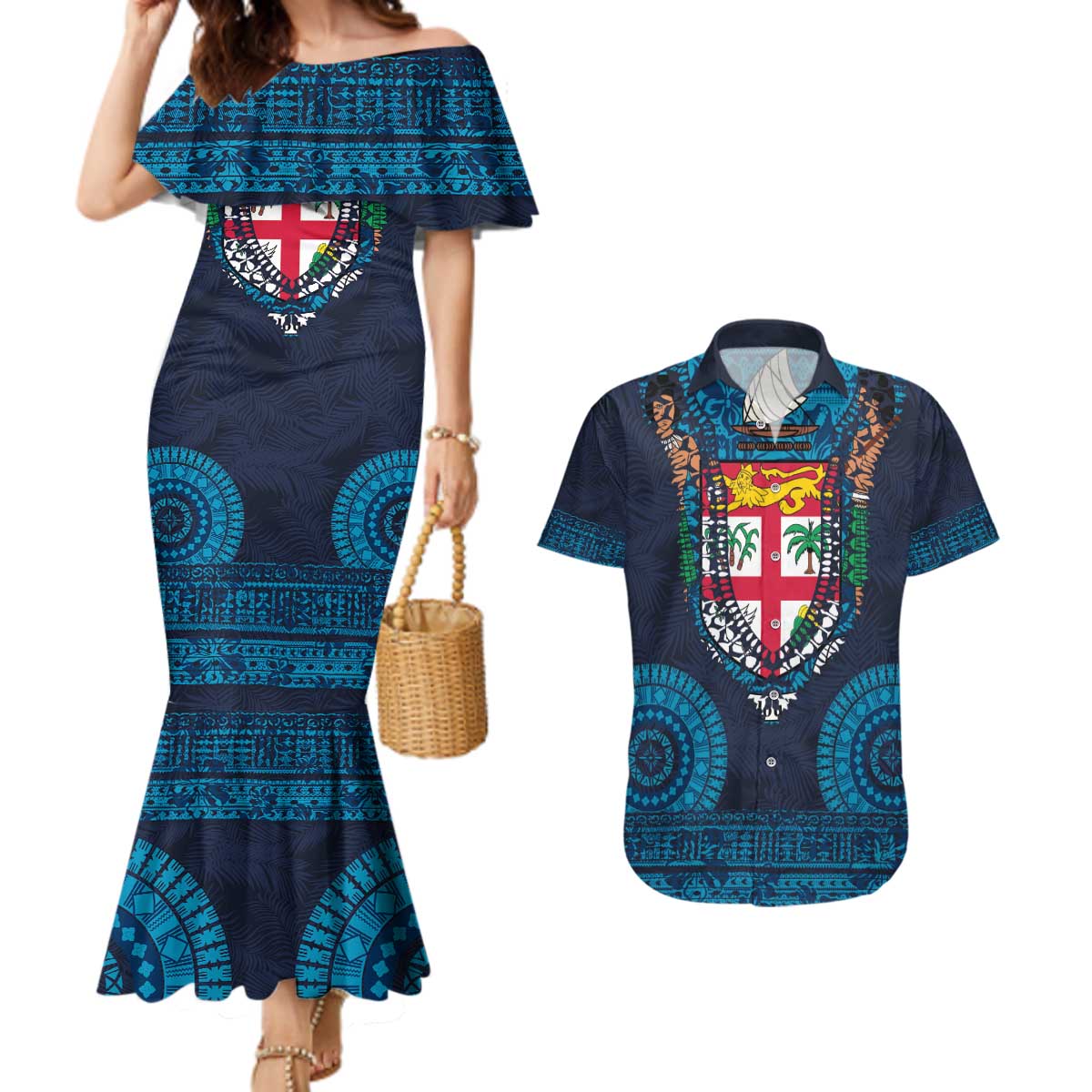 Fiji Coat of Arms Traditional Dashiki Couples Matching Mermaid Dress and Hawaiian Shirt Tapa Art and Palm Leaves Pattern Dark Navy Color LT03 Navy - Polynesian Pride