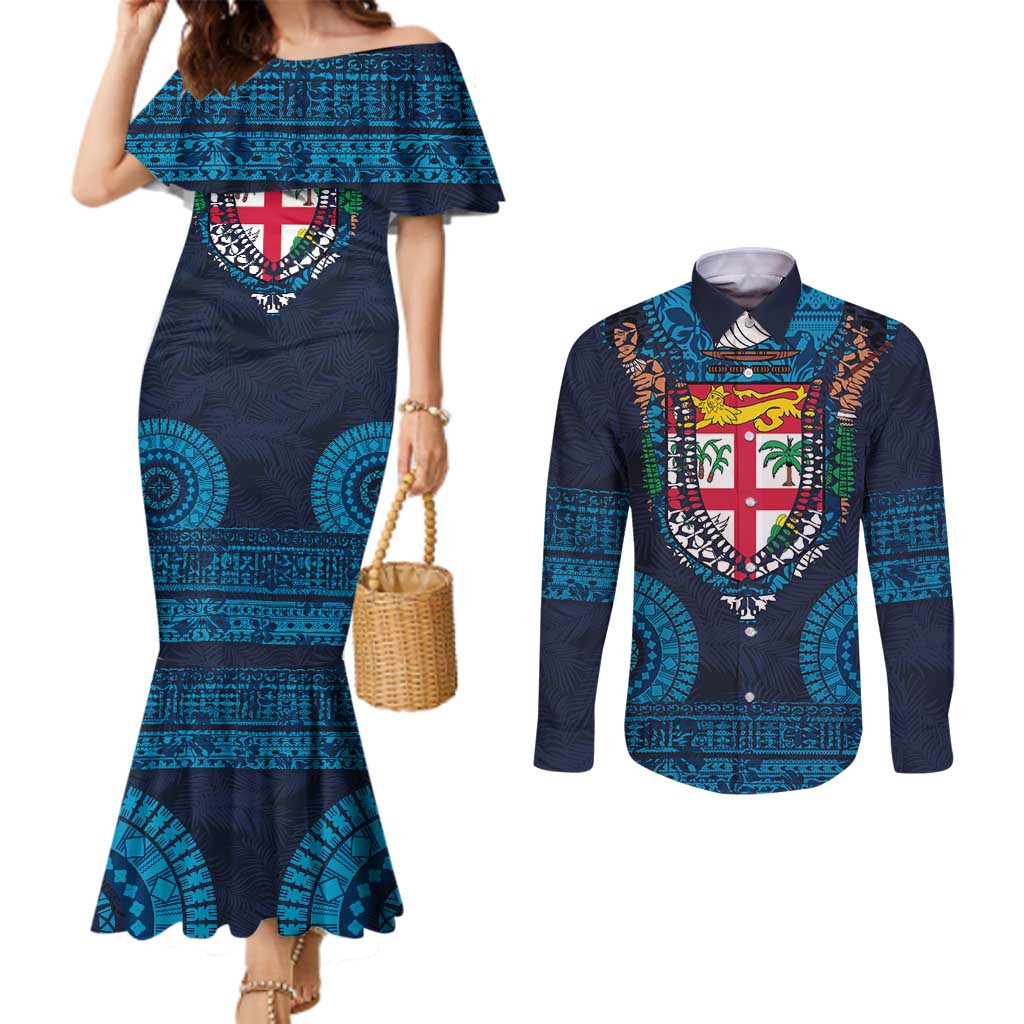 Fiji Coat of Arms Traditional Dashiki Couples Matching Mermaid Dress and Long Sleeve Button Shirt Tapa Art and Palm Leaves Pattern Dark Navy Color LT03 Navy - Polynesian Pride
