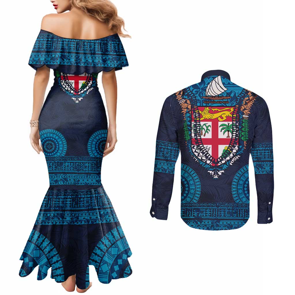 Fiji Coat of Arms Traditional Dashiki Couples Matching Mermaid Dress and Long Sleeve Button Shirt Tapa Art and Palm Leaves Pattern Dark Navy Color LT03 - Polynesian Pride