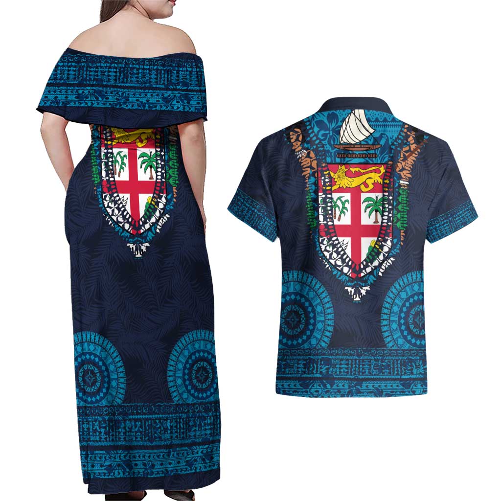 Fiji Coat of Arms Traditional Dashiki Couples Matching Off Shoulder Maxi Dress and Hawaiian Shirt Tapa Art and Palm Leaves Pattern Dark Navy Color LT03 - Polynesian Pride