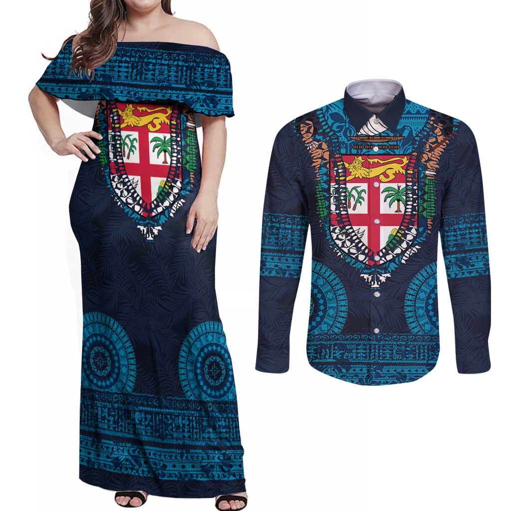 Fiji Coat of Arms Traditional Dashiki Couples Matching Off Shoulder Maxi Dress and Long Sleeve Button Shirt Tapa Art and Palm Leaves Pattern Dark Navy Color LT03 Navy - Polynesian Pride