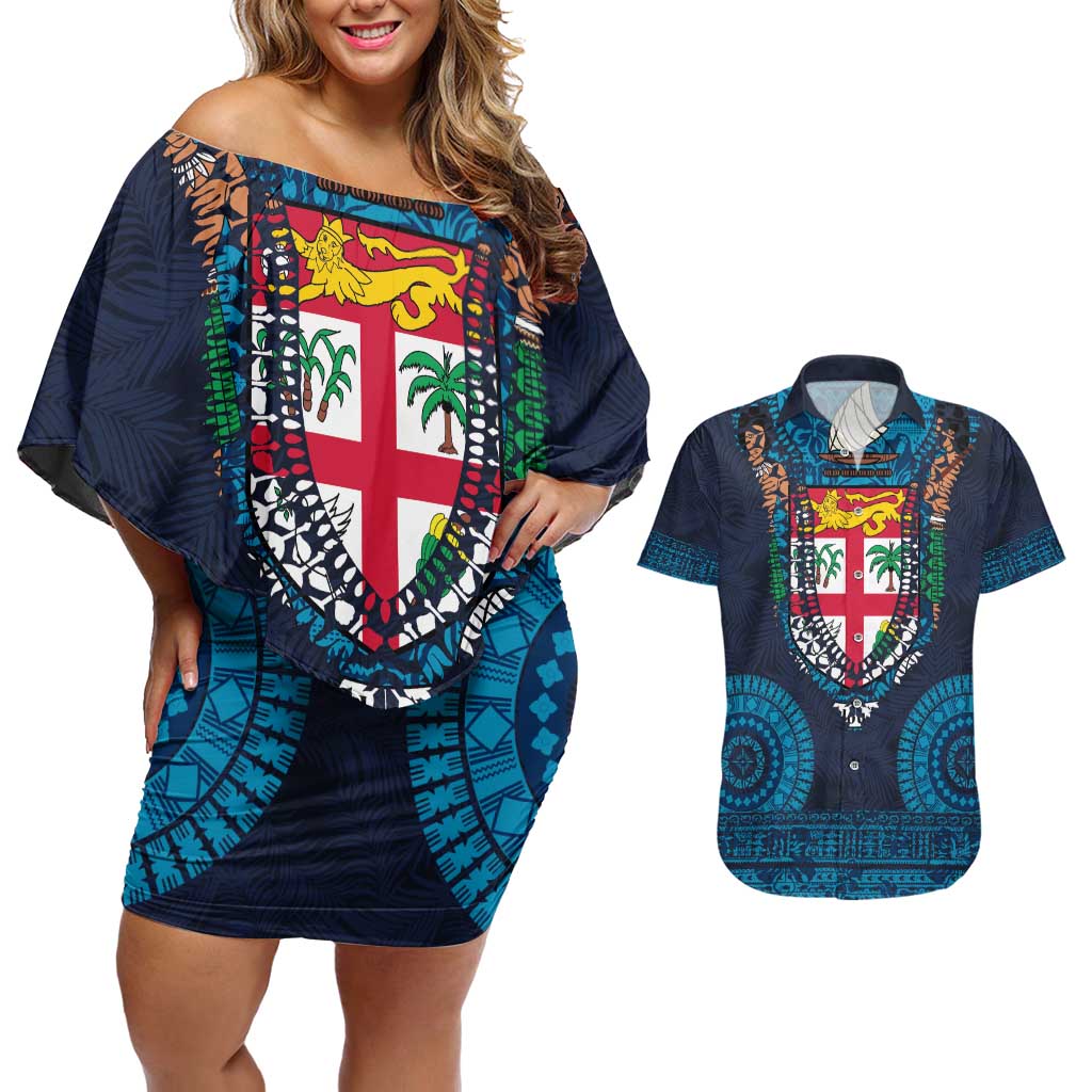 Fiji Coat of Arms Traditional Dashiki Couples Matching Off Shoulder Short Dress and Hawaiian Shirt Tapa Art and Palm Leaves Pattern Dark Navy Color LT03 Navy - Polynesian Pride