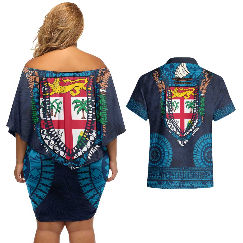 Fiji Coat of Arms Traditional Dashiki Couples Matching Off Shoulder Short Dress and Hawaiian Shirt Tapa Art and Palm Leaves Pattern Dark Navy Color LT03 - Polynesian Pride