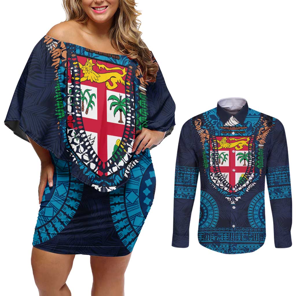 Fiji Coat of Arms Traditional Dashiki Couples Matching Off Shoulder Short Dress and Long Sleeve Button Shirt Tapa Art and Palm Leaves Pattern Dark Navy Color LT03 Navy - Polynesian Pride