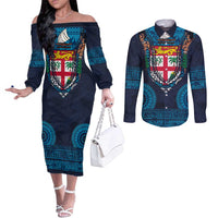 Fiji Coat of Arms Traditional Dashiki Couples Matching Off The Shoulder Long Sleeve Dress and Long Sleeve Button Shirt Tapa Art and Palm Leaves Pattern Dark Navy Color LT03 Navy - Polynesian Pride