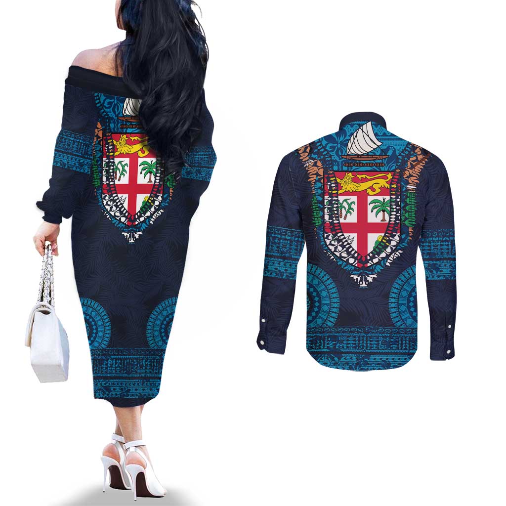 Fiji Coat of Arms Traditional Dashiki Couples Matching Off The Shoulder Long Sleeve Dress and Long Sleeve Button Shirt Tapa Art and Palm Leaves Pattern Dark Navy Color LT03 - Polynesian Pride