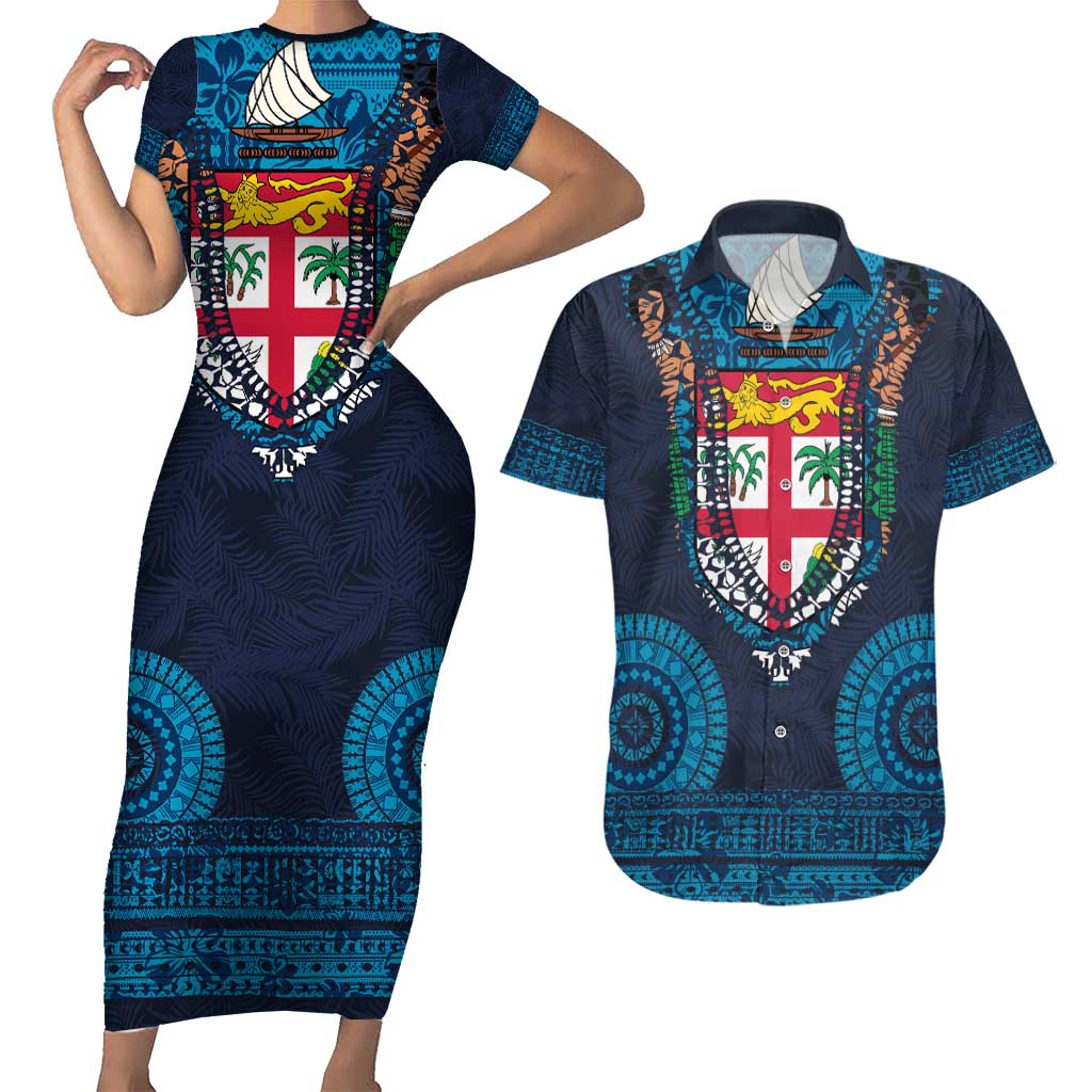 Fiji Coat of Arms Traditional Dashiki Couples Matching Short Sleeve Bodycon Dress and Hawaiian Shirt Tapa Art and Palm Leaves Pattern Dark Navy Color LT03 Navy - Polynesian Pride