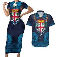 Fiji Coat of Arms Traditional Dashiki Couples Matching Short Sleeve Bodycon Dress and Hawaiian Shirt Tapa Art and Palm Leaves Pattern Dark Navy Color LT03 Navy - Polynesian Pride