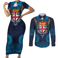 Fiji Coat of Arms Traditional Dashiki Couples Matching Short Sleeve Bodycon Dress and Long Sleeve Button Shirt Tapa Art and Palm Leaves Pattern Dark Navy Color LT03 Navy - Polynesian Pride
