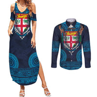 Fiji Coat of Arms Traditional Dashiki Couples Matching Summer Maxi Dress and Long Sleeve Button Shirt Tapa Art and Palm Leaves Pattern Dark Navy Color LT03 Navy - Polynesian Pride