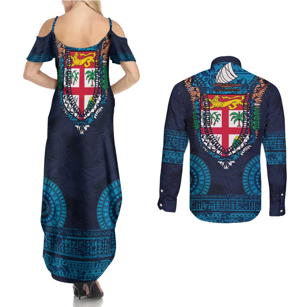 Fiji Coat of Arms Traditional Dashiki Couples Matching Summer Maxi Dress and Long Sleeve Button Shirt Tapa Art and Palm Leaves Pattern Dark Navy Color LT03 - Polynesian Pride