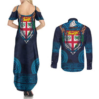 Fiji Coat of Arms Traditional Dashiki Couples Matching Summer Maxi Dress and Long Sleeve Button Shirt Tapa Art and Palm Leaves Pattern Dark Navy Color LT03 - Polynesian Pride