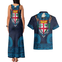 Fiji Coat of Arms Traditional Dashiki Couples Matching Tank Maxi Dress and Hawaiian Shirt Tapa Art and Palm Leaves Pattern Dark Navy Color LT03 - Polynesian Pride