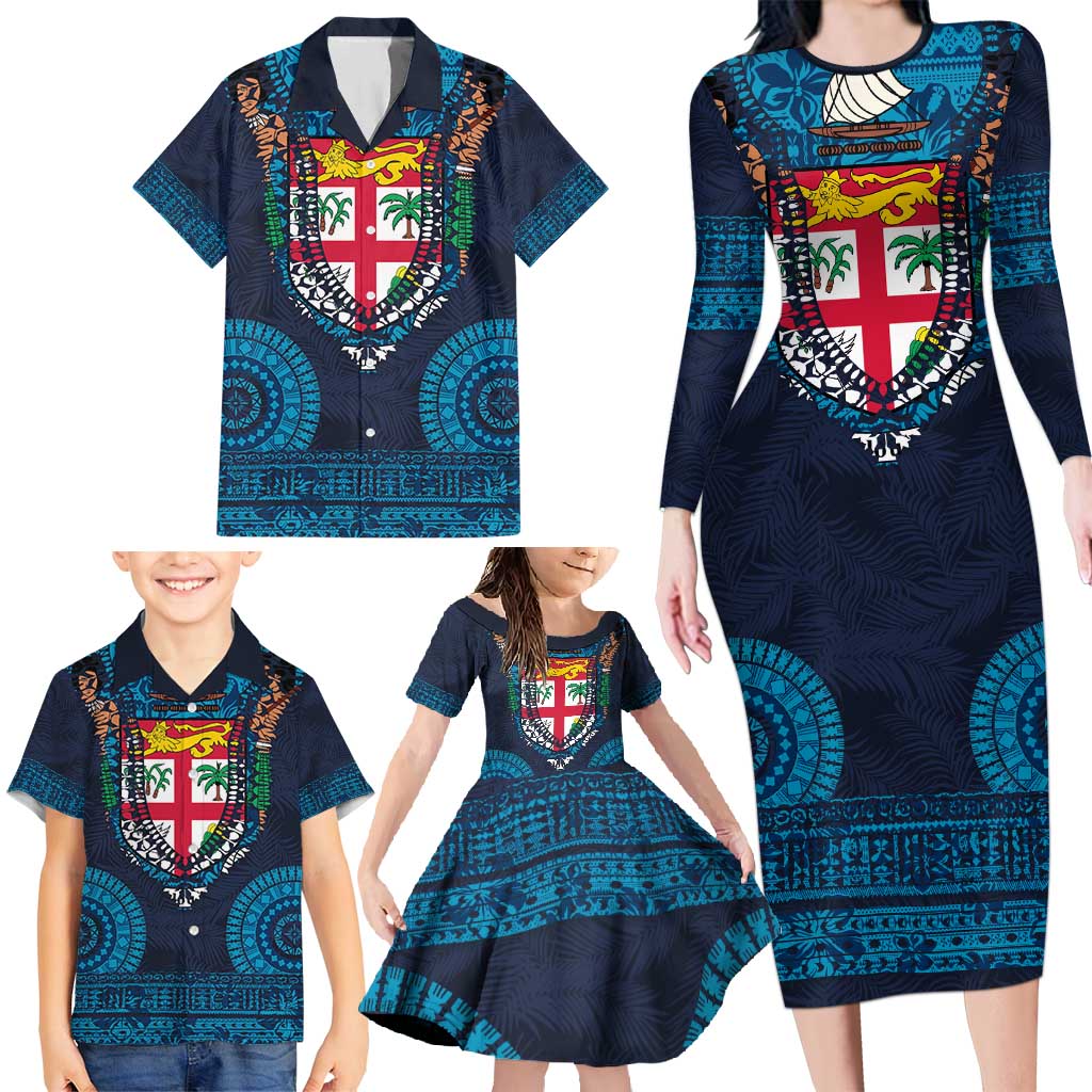 Fiji Coat of Arms Traditional Dashiki Family Matching Long Sleeve Bodycon Dress and Hawaiian Shirt Tapa Art and Palm Leaves Pattern Dark Navy Color LT03 - Polynesian Pride