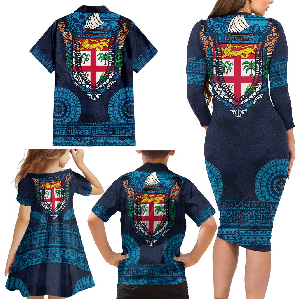 Fiji Coat of Arms Traditional Dashiki Family Matching Long Sleeve Bodycon Dress and Hawaiian Shirt Tapa Art and Palm Leaves Pattern Dark Navy Color LT03 - Polynesian Pride