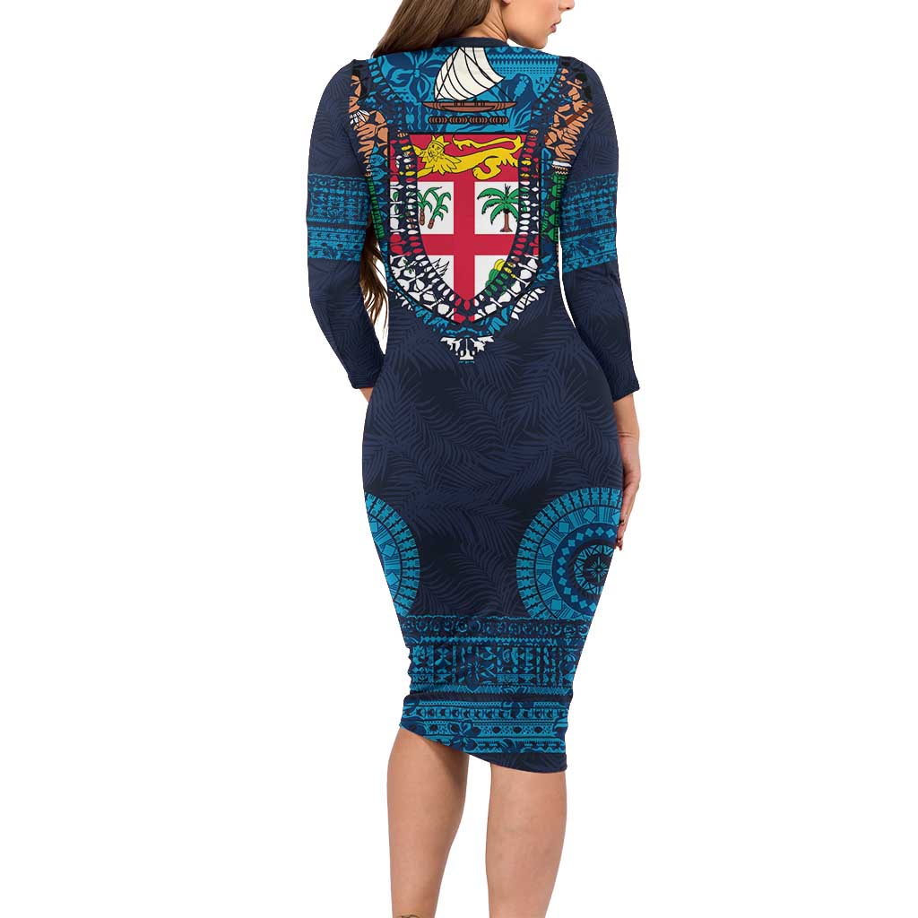 Fiji Coat of Arms Traditional Dashiki Family Matching Long Sleeve Bodycon Dress and Hawaiian Shirt Tapa Art and Palm Leaves Pattern Dark Navy Color LT03 - Polynesian Pride