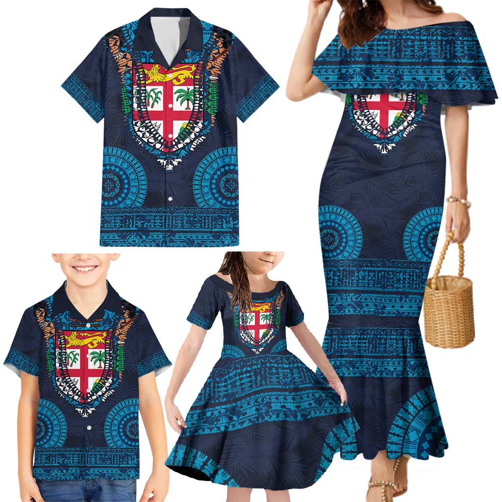 Fiji Coat of Arms Traditional Dashiki Family Matching Mermaid Dress and Hawaiian Shirt Tapa Art and Palm Leaves Pattern Dark Navy Color - Polynesian Pride