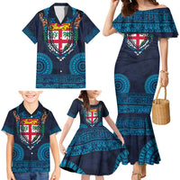 Fiji Coat of Arms Traditional Dashiki Family Matching Mermaid Dress and Hawaiian Shirt Tapa Art and Palm Leaves Pattern Dark Navy Color LT03 - Polynesian Pride