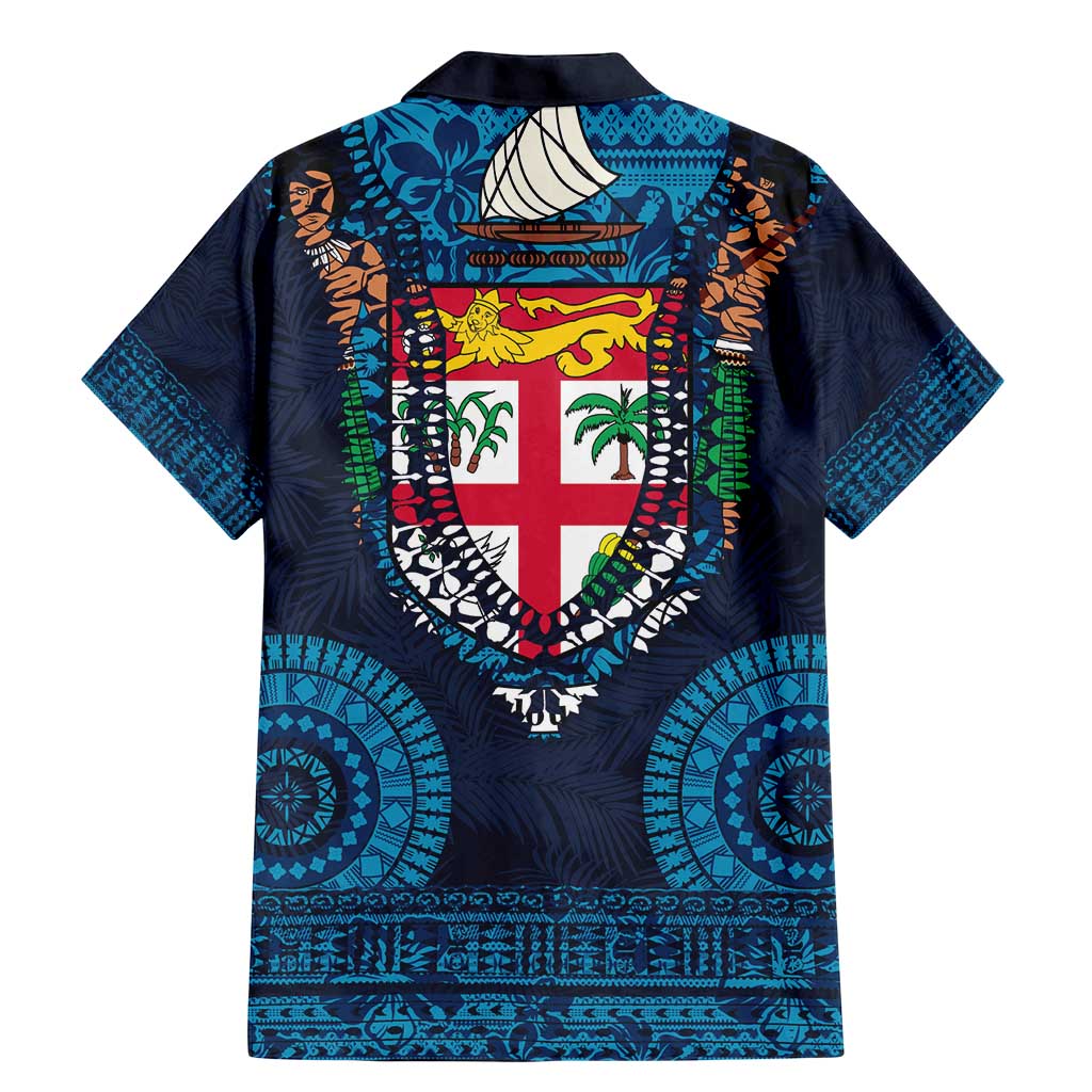 Fiji Coat of Arms Traditional Dashiki Family Matching Mermaid Dress and Hawaiian Shirt Tapa Art and Palm Leaves Pattern Dark Navy Color LT03 - Polynesian Pride