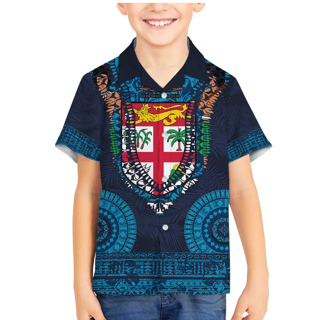 Fiji Coat of Arms Traditional Dashiki Family Matching Mermaid Dress and Hawaiian Shirt Tapa Art and Palm Leaves Pattern Dark Navy Color LT03 Son's Shirt Navy - Polynesian Pride