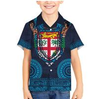 Fiji Coat of Arms Traditional Dashiki Family Matching Mermaid Dress and Hawaiian Shirt Tapa Art and Palm Leaves Pattern Dark Navy Color LT03 Son's Shirt Navy - Polynesian Pride