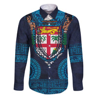 Fiji Coat of Arms Traditional Dashiki Family Matching Off The Shoulder Long Sleeve Dress and Hawaiian Shirt Tapa Art and Palm Leaves Pattern Dark Navy Color - Polynesian Pride