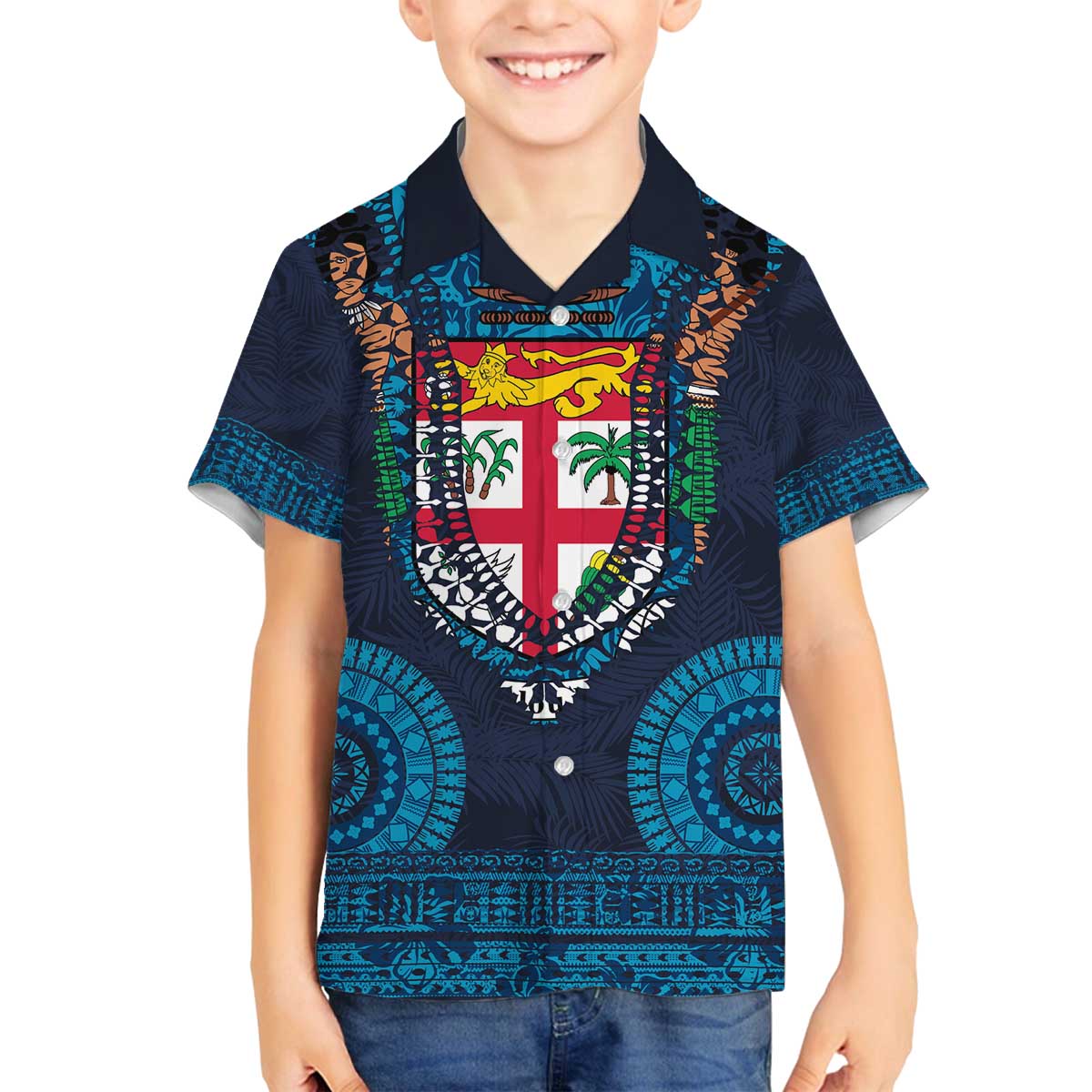 Fiji Coat of Arms Traditional Dashiki Family Matching Off The Shoulder Long Sleeve Dress and Hawaiian Shirt Tapa Art and Palm Leaves Pattern Dark Navy Color - Polynesian Pride