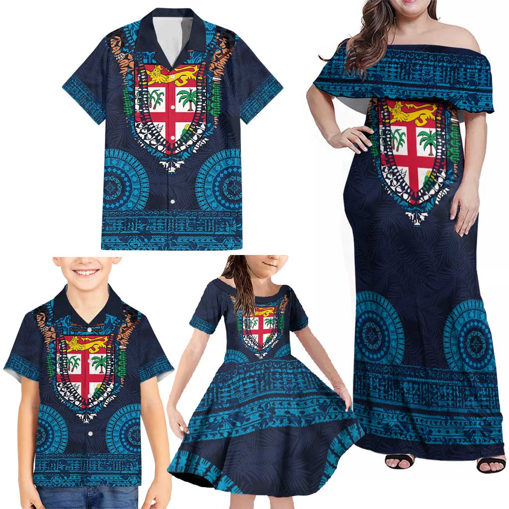Fiji Coat of Arms Traditional Dashiki Family Matching Off Shoulder Maxi Dress and Hawaiian Shirt Tapa Art and Palm Leaves Pattern Dark Navy Color LT03 - Polynesian Pride