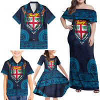 Fiji Coat of Arms Traditional Dashiki Family Matching Off Shoulder Maxi Dress and Hawaiian Shirt Tapa Art and Palm Leaves Pattern Dark Navy Color LT03 - Polynesian Pride