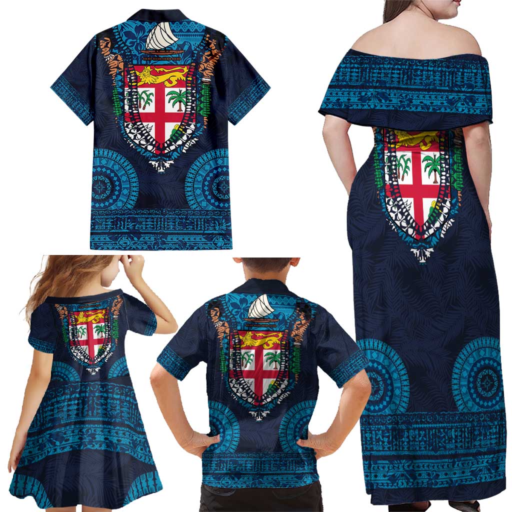 Fiji Coat of Arms Traditional Dashiki Family Matching Off Shoulder Maxi Dress and Hawaiian Shirt Tapa Art and Palm Leaves Pattern Dark Navy Color LT03 - Polynesian Pride