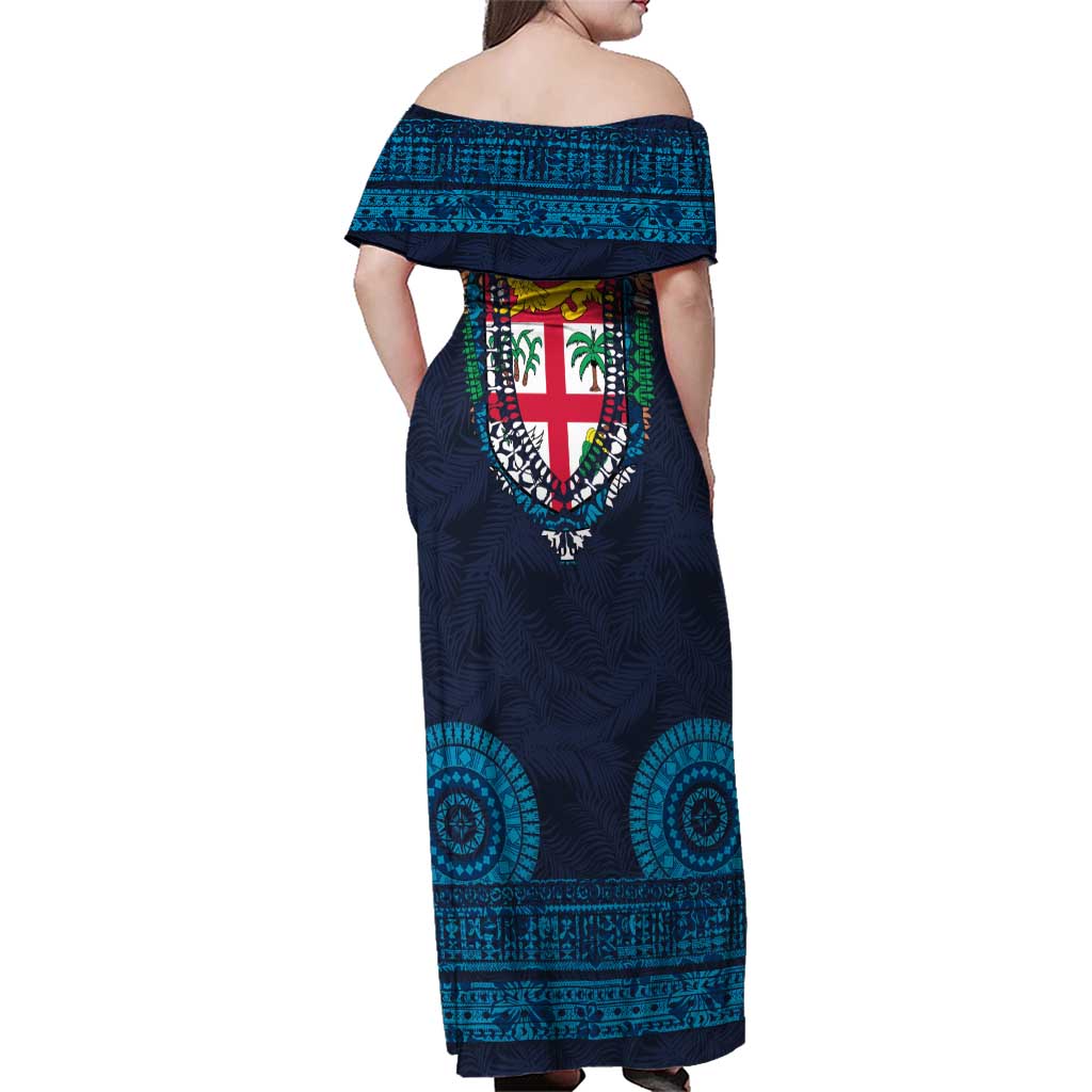 Fiji Coat of Arms Traditional Dashiki Family Matching Off Shoulder Maxi Dress and Hawaiian Shirt Tapa Art and Palm Leaves Pattern Dark Navy Color LT03 - Polynesian Pride