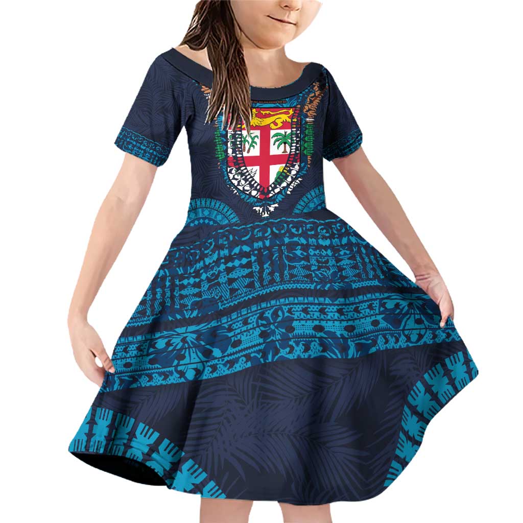 Fiji Coat of Arms Traditional Dashiki Family Matching Off Shoulder Short Dress and Hawaiian Shirt Tapa Art and Palm Leaves Pattern Dark Navy Color LT03 Daughter's Dress Navy - Polynesian Pride