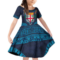 Fiji Coat of Arms Traditional Dashiki Family Matching Off Shoulder Short Dress and Hawaiian Shirt Tapa Art and Palm Leaves Pattern Dark Navy Color LT03 Daughter's Dress Navy - Polynesian Pride