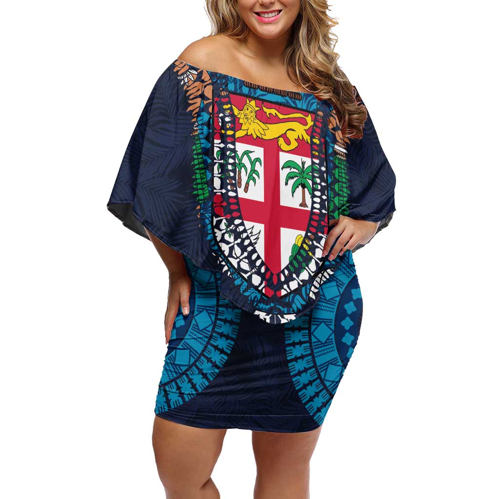 Fiji Coat of Arms Traditional Dashiki Family Matching Off Shoulder Short Dress and Hawaiian Shirt Tapa Art and Palm Leaves Pattern Dark Navy Color LT03 Mom's Dress Navy - Polynesian Pride