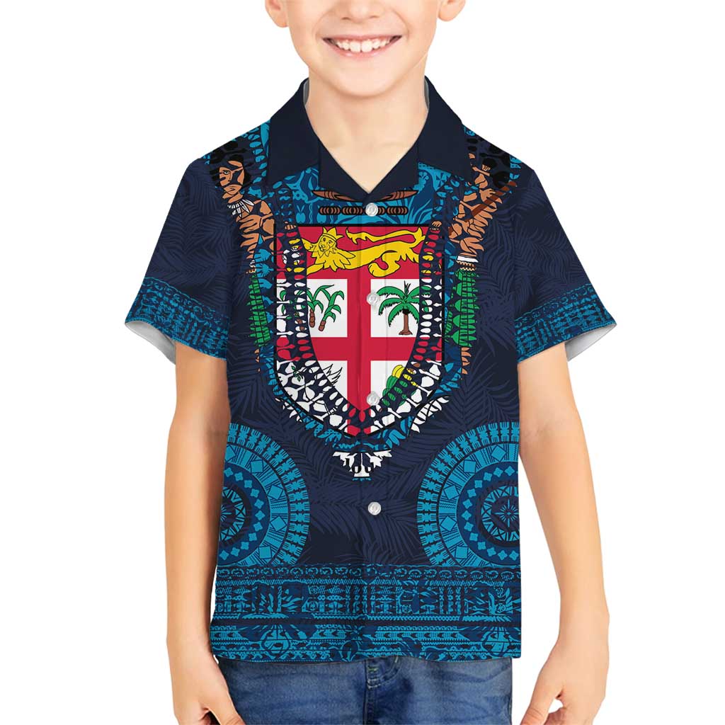 Fiji Coat of Arms Traditional Dashiki Family Matching Off Shoulder Short Dress and Hawaiian Shirt Tapa Art and Palm Leaves Pattern Dark Navy Color LT03 Son's Shirt Navy - Polynesian Pride
