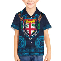 Fiji Coat of Arms Traditional Dashiki Family Matching Off Shoulder Short Dress and Hawaiian Shirt Tapa Art and Palm Leaves Pattern Dark Navy Color LT03 Son's Shirt Navy - Polynesian Pride
