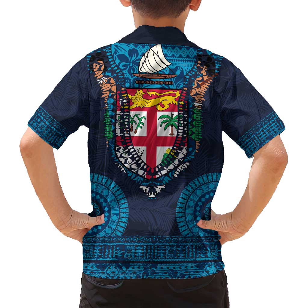 Fiji Coat of Arms Traditional Dashiki Family Matching Puletasi and Hawaiian Shirt Tapa Art and Palm Leaves Pattern Dark Navy Color - Polynesian Pride
