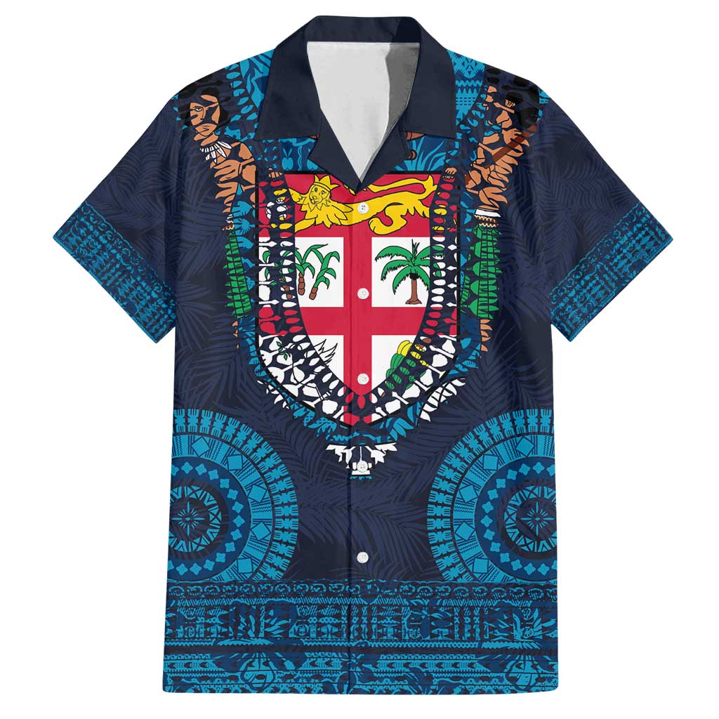 Fiji Coat of Arms Traditional Dashiki Family Matching Puletasi and Hawaiian Shirt Tapa Art and Palm Leaves Pattern Dark Navy Color - Polynesian Pride