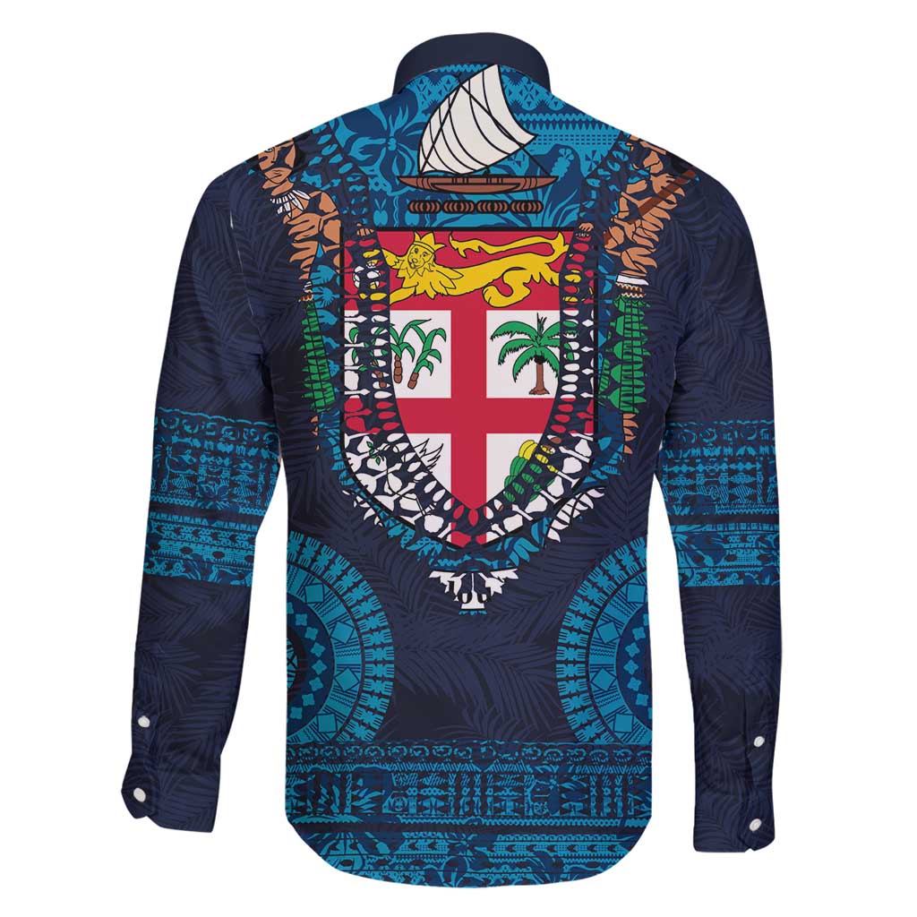 Fiji Coat of Arms Traditional Dashiki Family Matching Puletasi and Hawaiian Shirt Tapa Art and Palm Leaves Pattern Dark Navy Color - Polynesian Pride