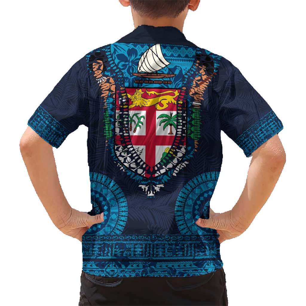 Fiji Coat of Arms Traditional Dashiki Family Matching Short Sleeve Bodycon Dress and Hawaiian Shirt Tapa Art and Palm Leaves Pattern Dark Navy Color LT03 - Polynesian Pride
