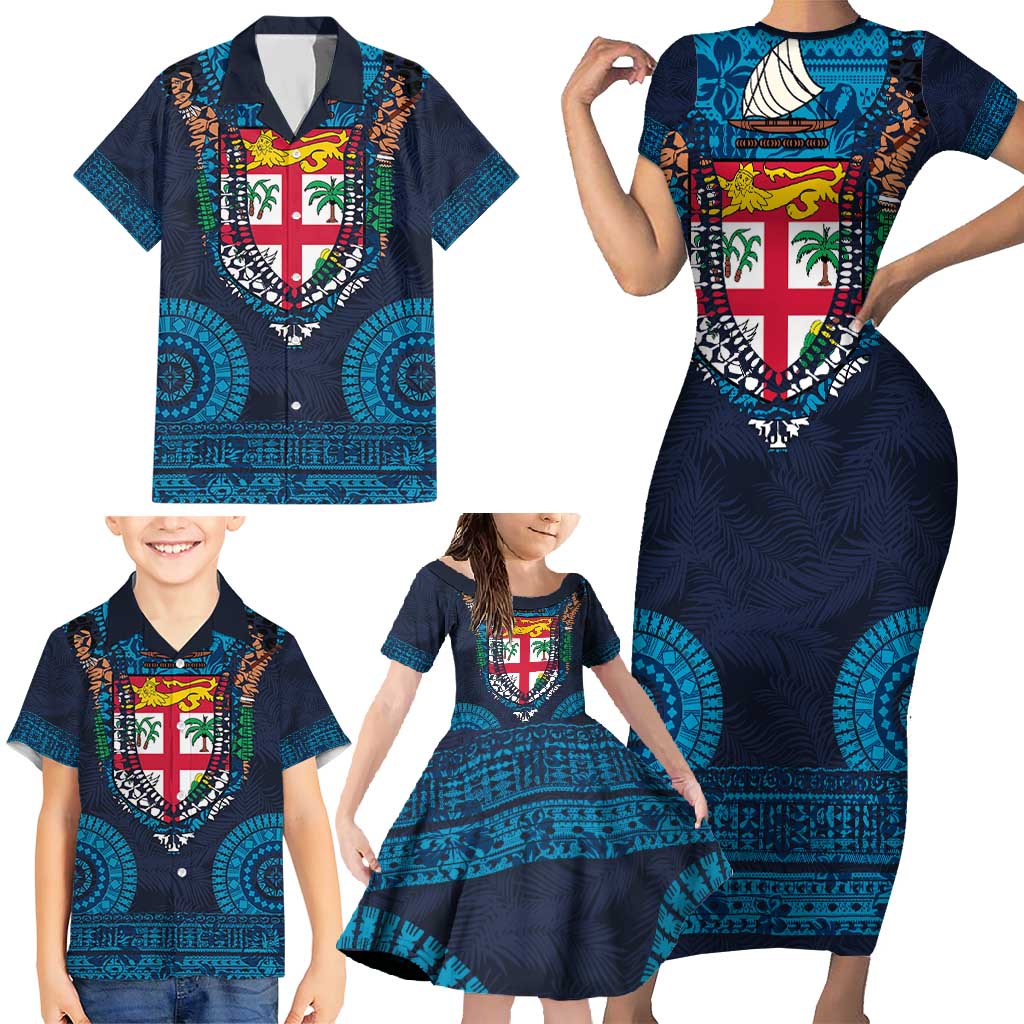 Fiji Coat of Arms Traditional Dashiki Family Matching Short Sleeve Bodycon Dress and Hawaiian Shirt Tapa Art and Palm Leaves Pattern Dark Navy Color - Polynesian Pride