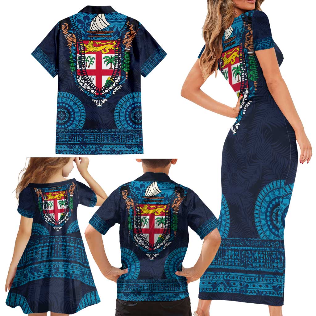 Fiji Coat of Arms Traditional Dashiki Family Matching Short Sleeve Bodycon Dress and Hawaiian Shirt Tapa Art and Palm Leaves Pattern Dark Navy Color LT03 - Polynesian Pride