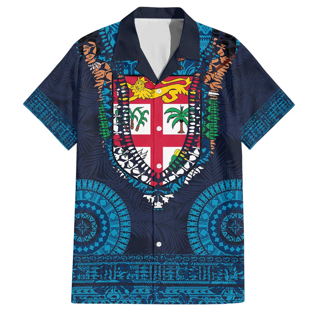 Fiji Coat of Arms Traditional Dashiki Family Matching Short Sleeve Bodycon Dress and Hawaiian Shirt Tapa Art and Palm Leaves Pattern Dark Navy Color LT03 Dad's Shirt - Short Sleeve Navy - Polynesian Pride