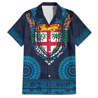 Fiji Coat of Arms Traditional Dashiki Family Matching Short Sleeve Bodycon Dress and Hawaiian Shirt Tapa Art and Palm Leaves Pattern Dark Navy Color LT03 Dad's Shirt - Short Sleeve Navy - Polynesian Pride