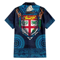 Fiji Coat of Arms Traditional Dashiki Family Matching Short Sleeve Bodycon Dress and Hawaiian Shirt Tapa Art and Palm Leaves Pattern Dark Navy Color LT03 - Polynesian Pride