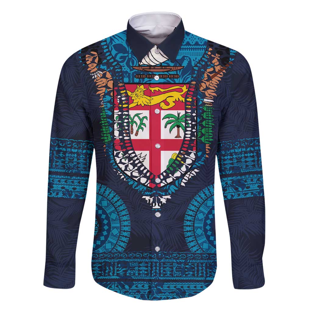 Fiji Coat of Arms Traditional Dashiki Family Matching Short Sleeve Bodycon Dress and Hawaiian Shirt Tapa Art and Palm Leaves Pattern Dark Navy Color LT03 Dad's Shirt - Long Sleeve Navy - Polynesian Pride