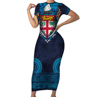 Fiji Coat of Arms Traditional Dashiki Family Matching Short Sleeve Bodycon Dress and Hawaiian Shirt Tapa Art and Palm Leaves Pattern Dark Navy Color LT03 Mom's Dress Navy - Polynesian Pride
