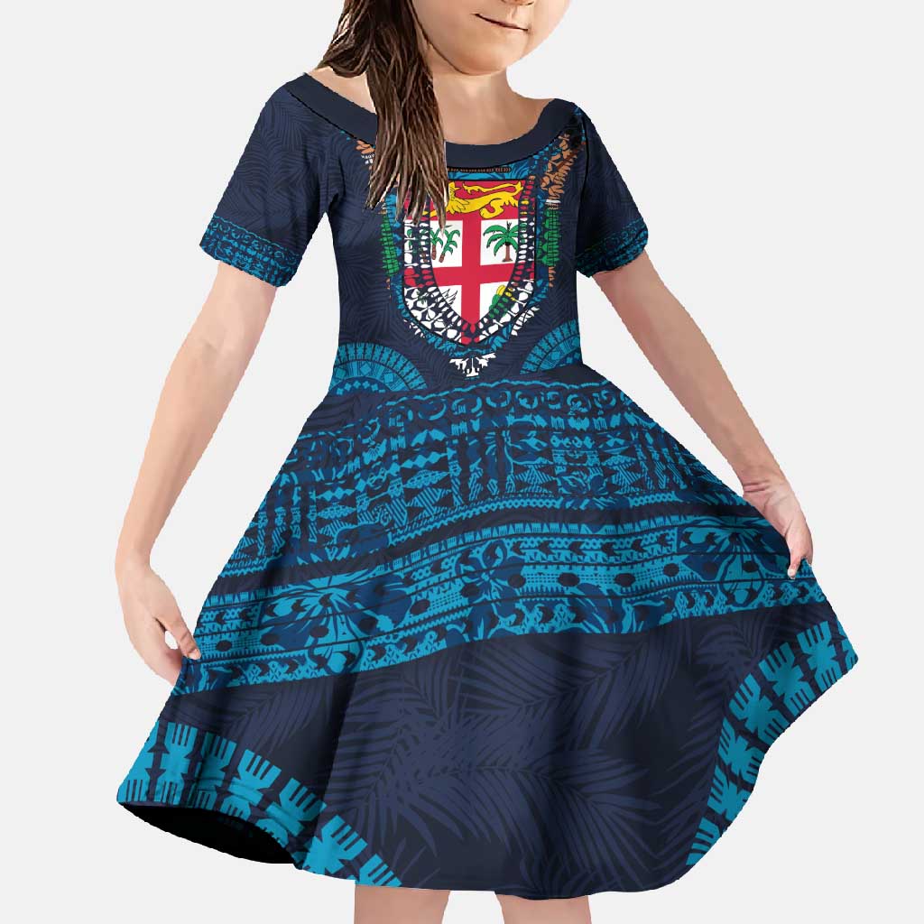 Fiji Coat of Arms Traditional Dashiki Family Matching Summer Maxi Dress and Hawaiian Shirt Tapa Art and Palm Leaves Pattern Dark Navy Color LT03 Daughter's Dress Navy - Polynesian Pride