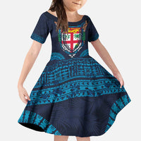 Fiji Coat of Arms Traditional Dashiki Family Matching Summer Maxi Dress and Hawaiian Shirt Tapa Art and Palm Leaves Pattern Dark Navy Color LT03 Daughter's Dress Navy - Polynesian Pride