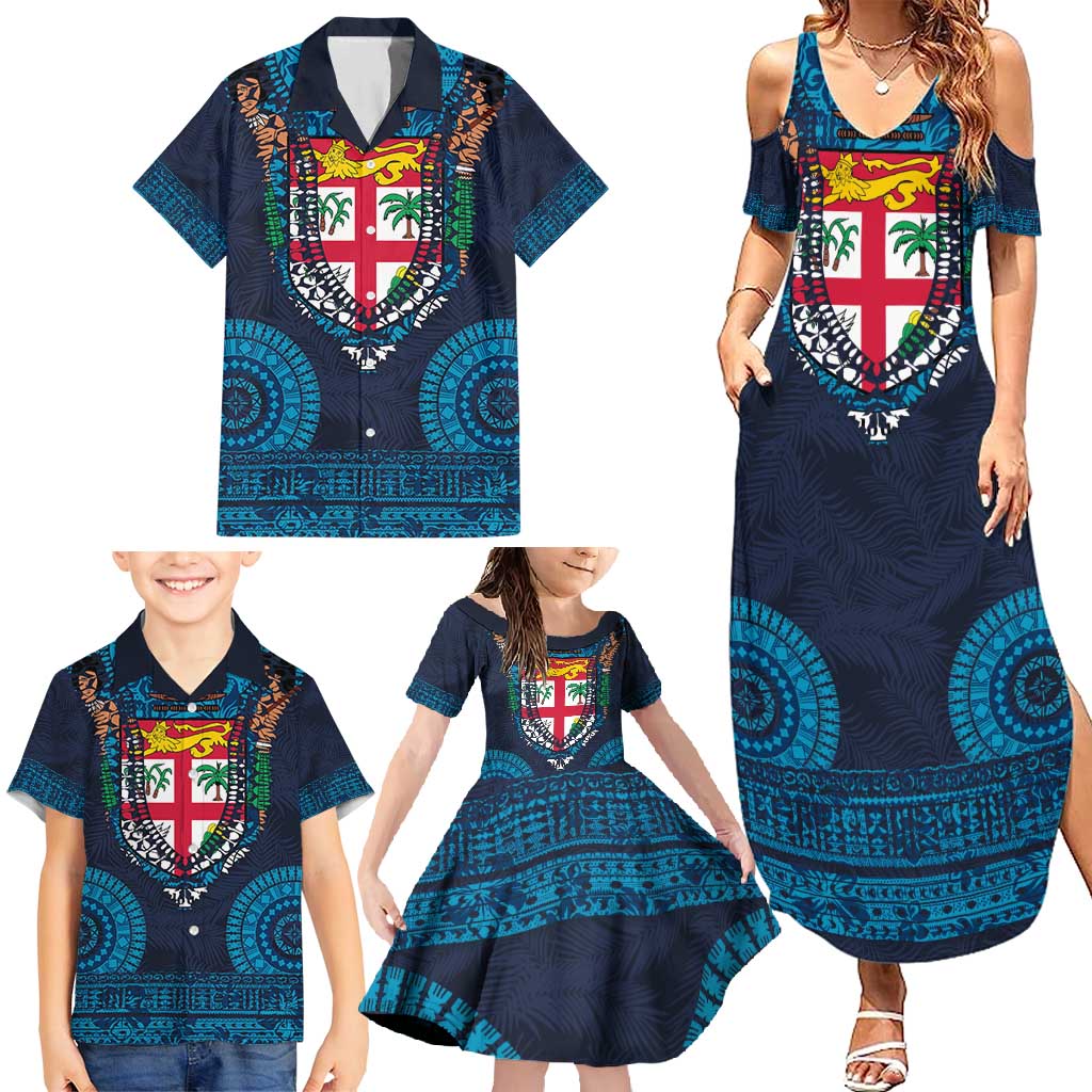 Fiji Coat of Arms Traditional Dashiki Family Matching Summer Maxi Dress and Hawaiian Shirt Tapa Art and Palm Leaves Pattern Dark Navy Color LT03 - Polynesian Pride